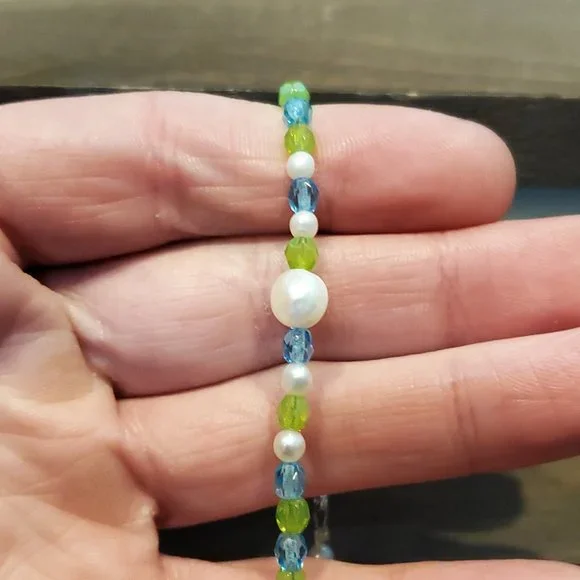 6 Inch 925 Sterling Silver Colorful Crystals And Real Pearls Bracelet - Picture 1 of 6